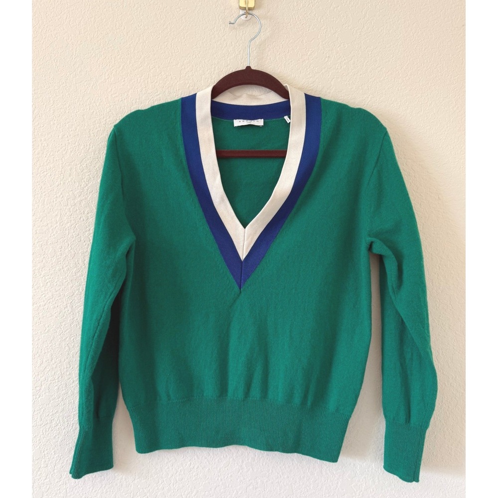 Sandro Paris Green Wool Cashmere V-Neck Sweater Sporty Trim Size 1 Small Preppy